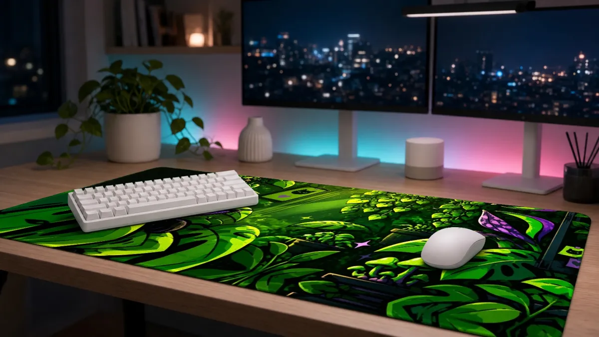 Ilustração de um gato preto espiando entre folhas verdes tropicais iluminadas por luz suave