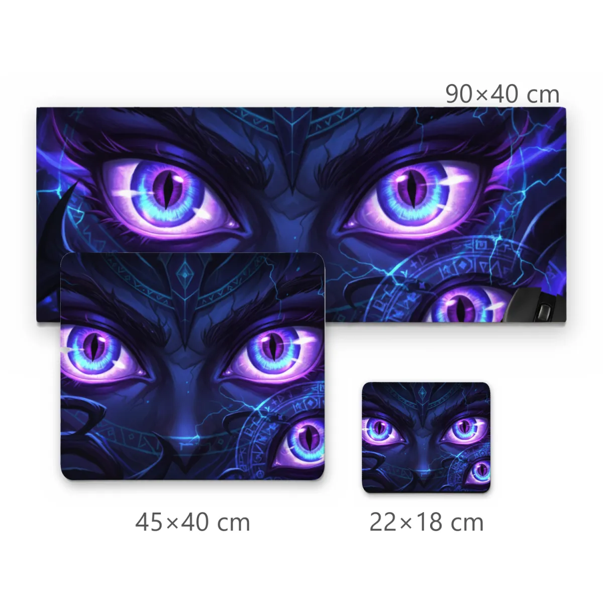 Mousepad Olhos Místicos Roxos e Criatura da Noite com Símbolos Rúnicos