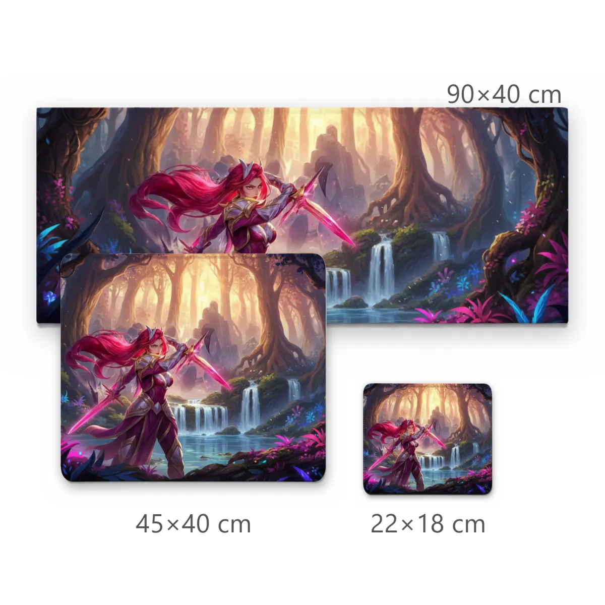 Mousepad Gamer Guerreira com Espadas de Energia em Floresta Mística