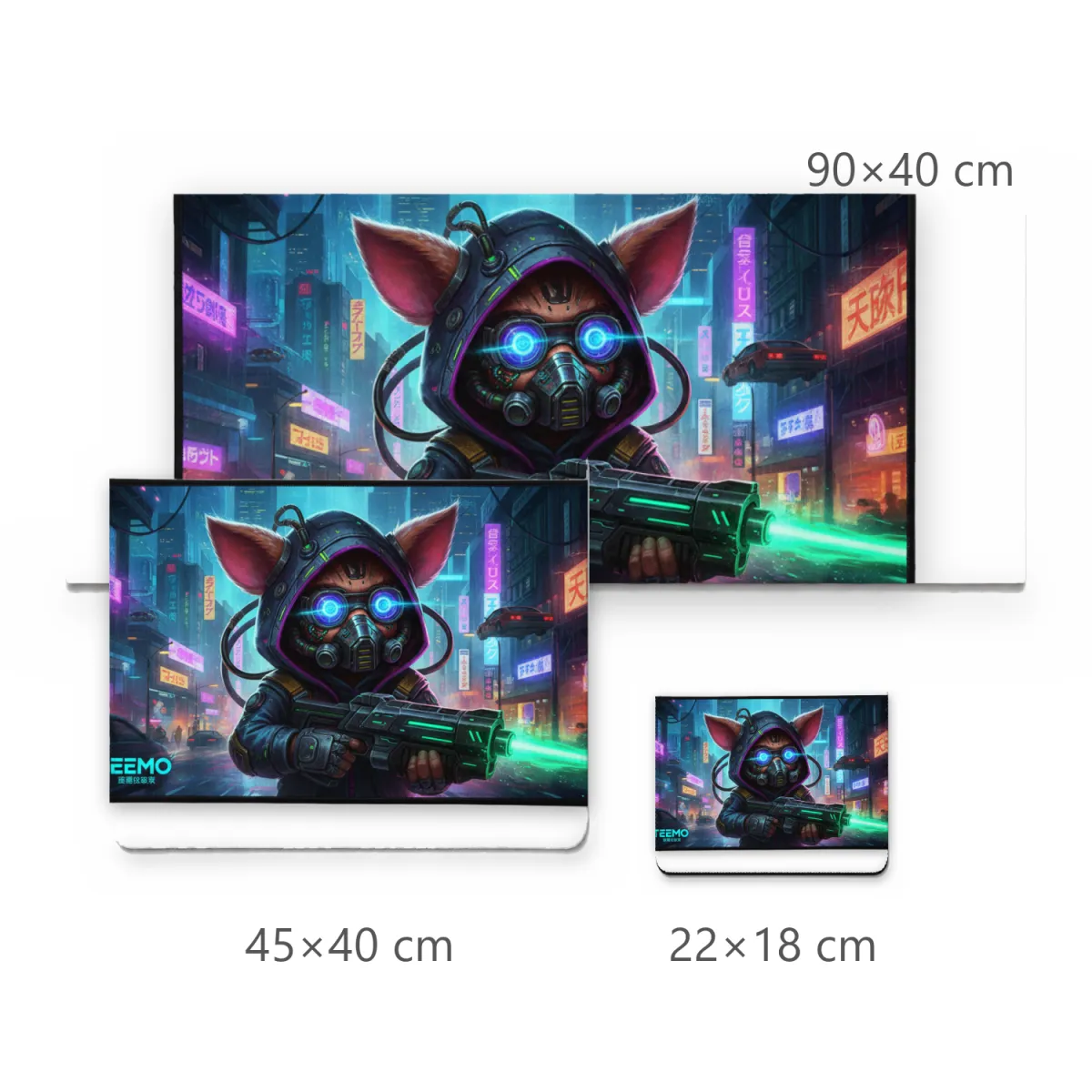 Mousepad Gamer Teemo Futurista com Máscara e Arma Laser em Cidade Cyberpunk