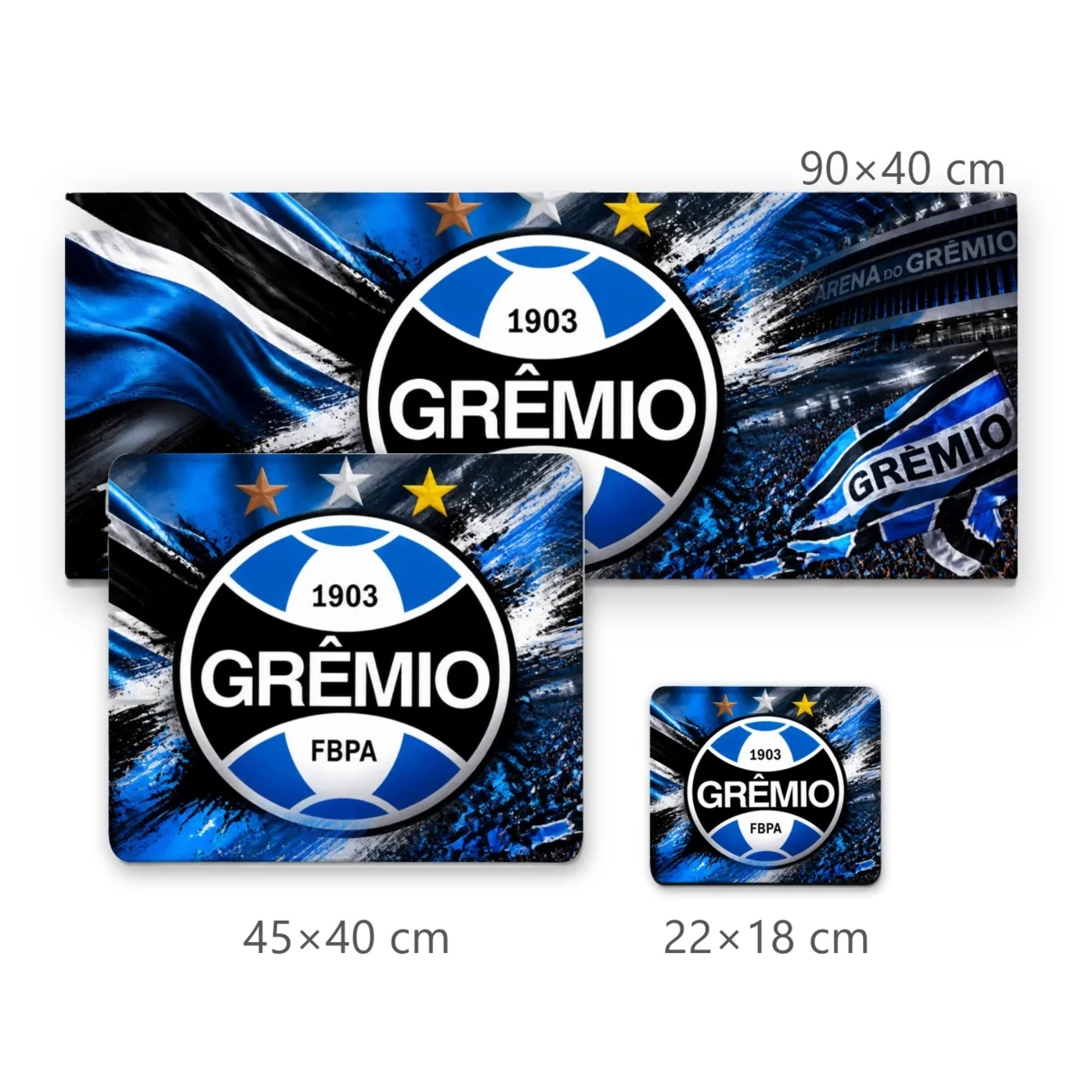 Mousepad Grêmio com Escudo Central Bandeira e Estádio em Azul e Preto