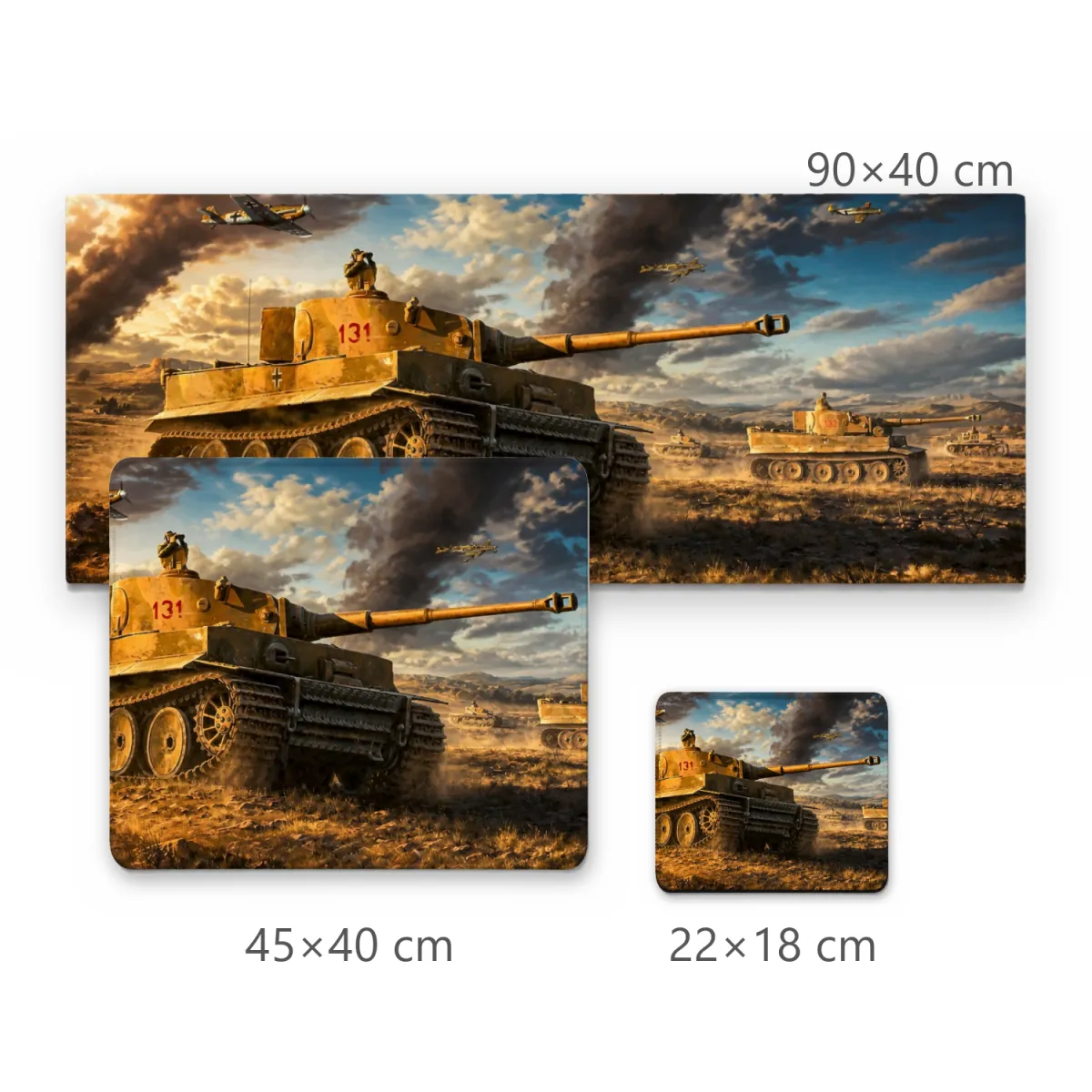 Mousepad Gamer Batalha de Tanques Tiger no Deserto com Avião de Guerra