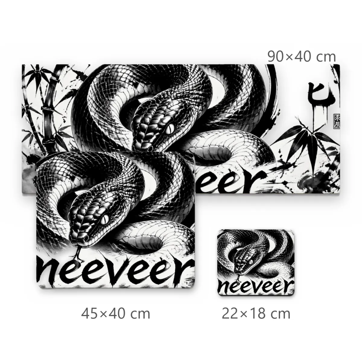 Mousepad Serpente Oriental Sumi-e Preto e Branco com Caligrafia Neeveer