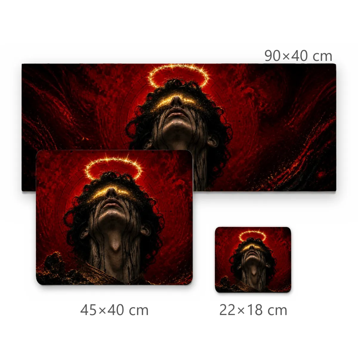 Mousepad Figura Sombria com Auréola Dourada e Fundo Vermelho