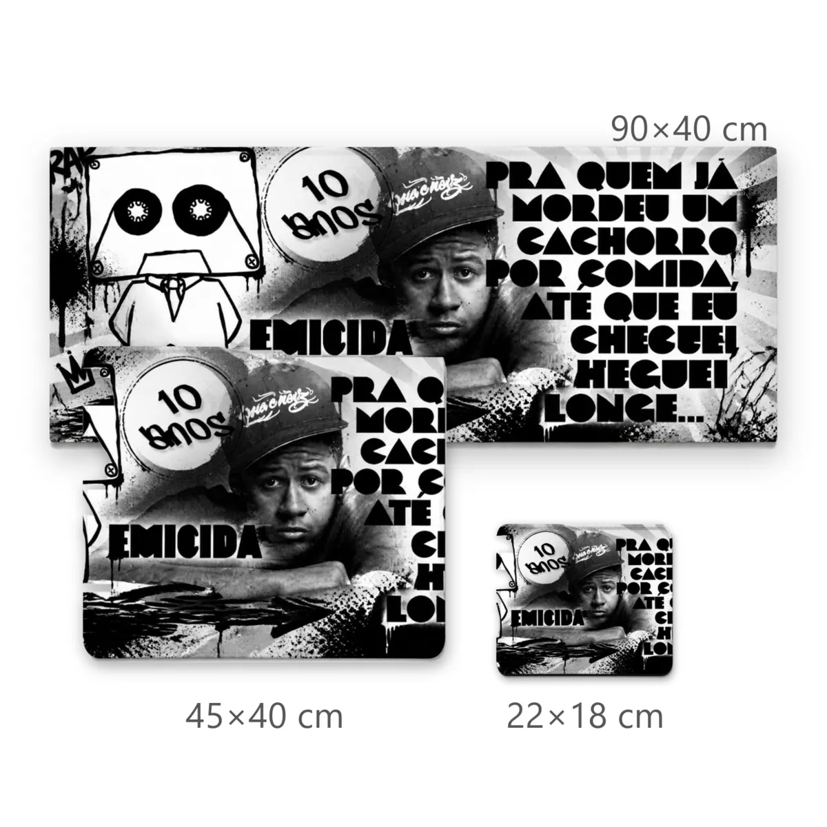 Mousepad Rap Emicida Arte Urbana Monocromática com Personagem Fita Cassete