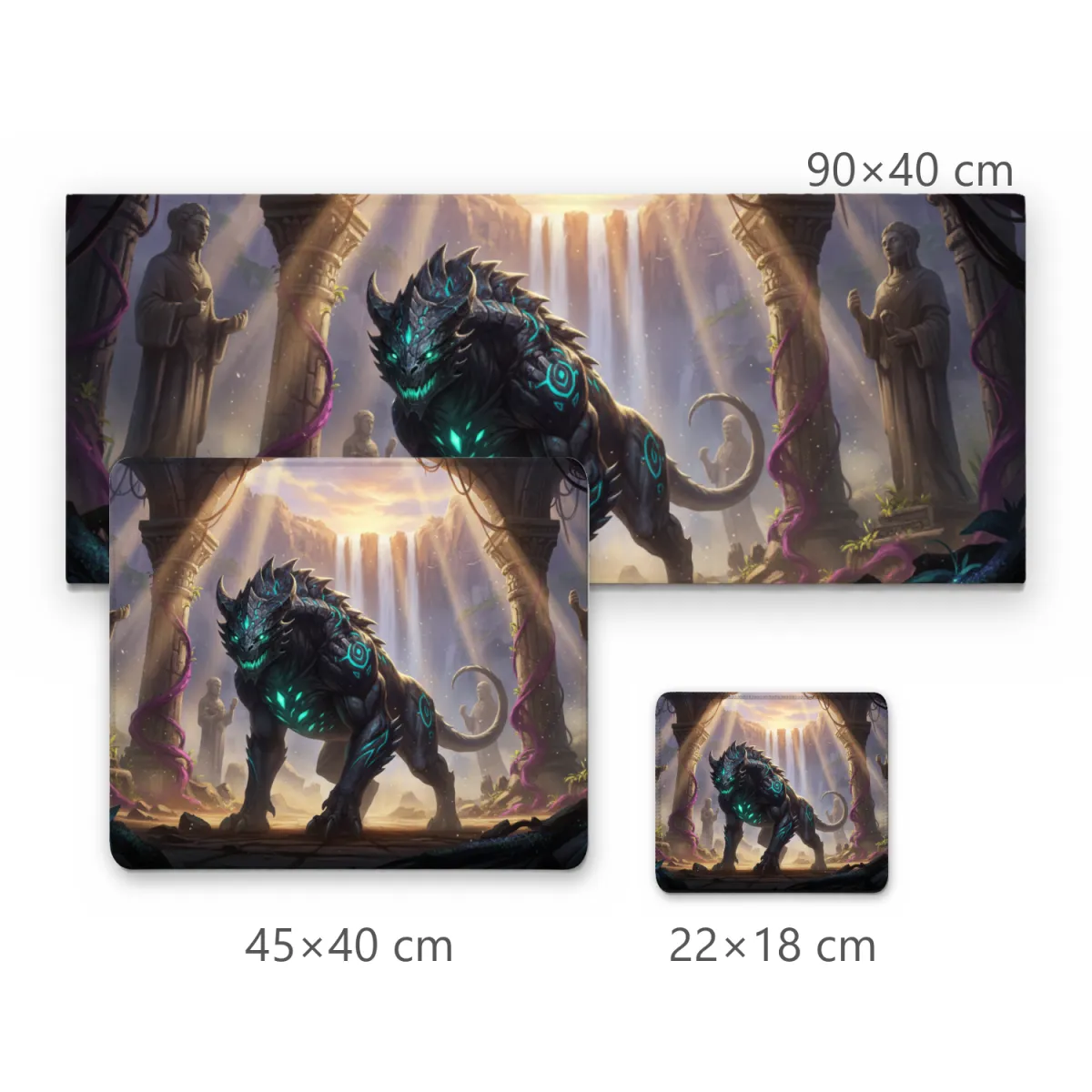 Mousepad Gamer Monstro Guardião Místico com Runas Brilhantes e Templo em Ruínas