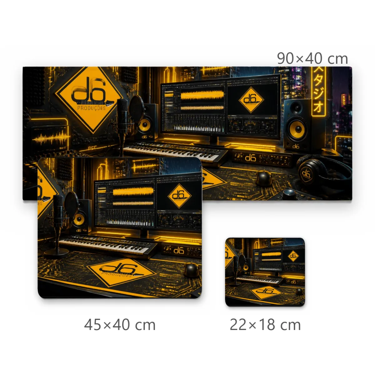 Mousepad Gamer Estúdio Musical Cyberpunk com Iluminação Amarela e Logo D6