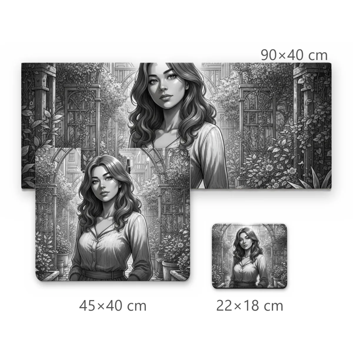 Mousepad Retrato Feminino em Estilo Anime Preto e Branco no Jardim