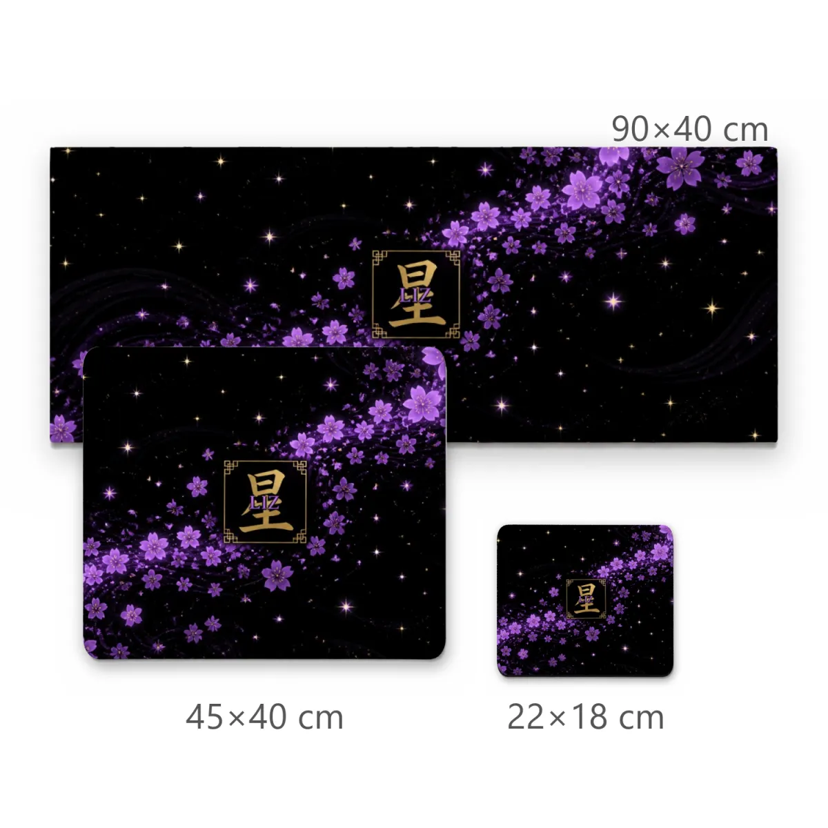 Mousepad Sakura Noturna com Flores Roxas, Estrelas e Kanji Central