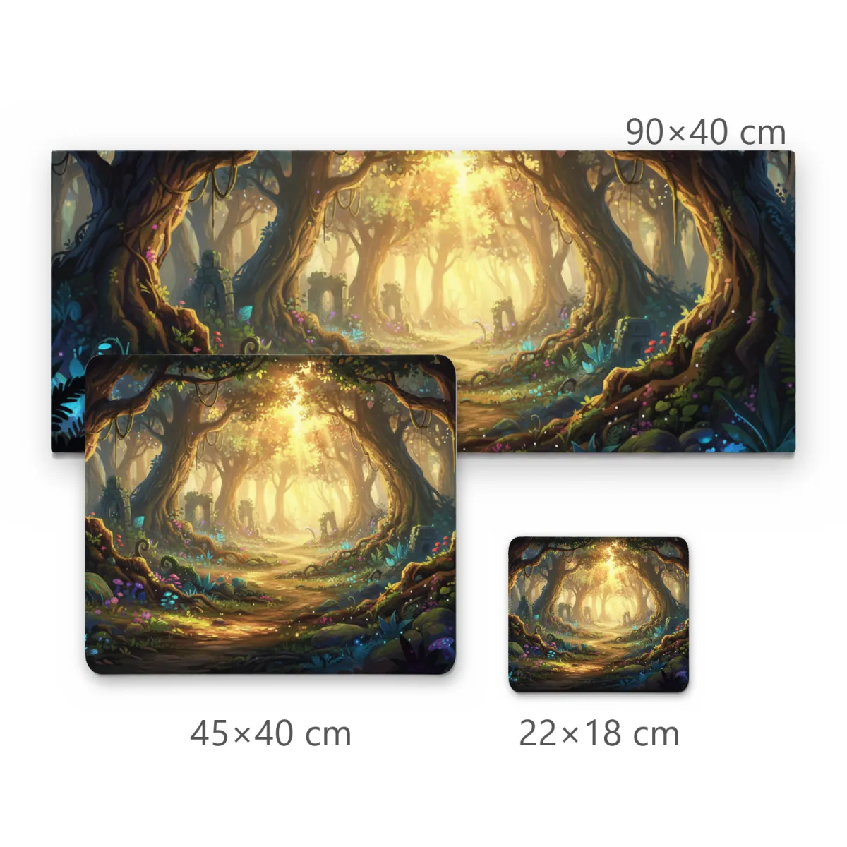 Mousepad Floresta Encantada Iluminada com Ruínas Místicas e Cogumelos Brilhantes