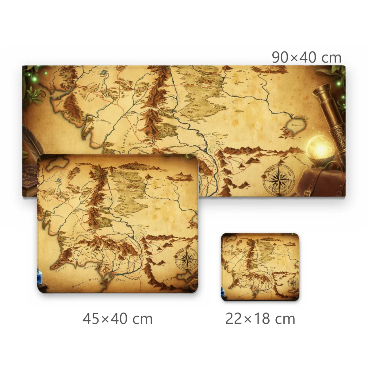Mousepad Gamer Mapa Medieval Fantasia Terras Antigas em Pergaminho com Bússola e Livros