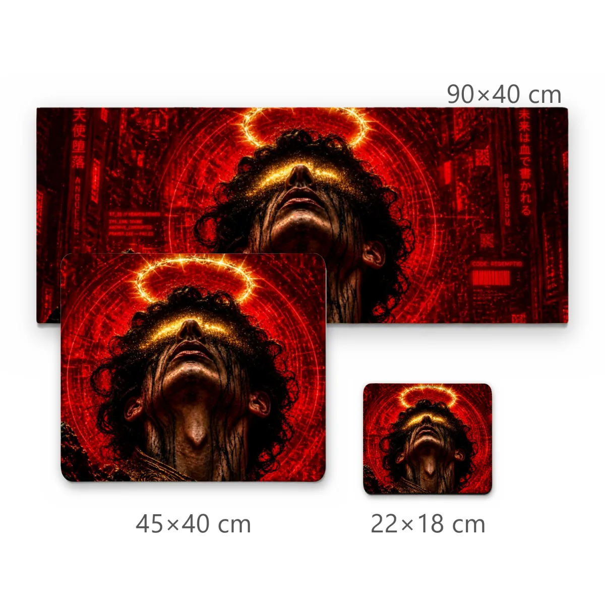 Mousepad Gamer Figura Cibernética com Auréola Dourada e Fundo Vermelho Neon