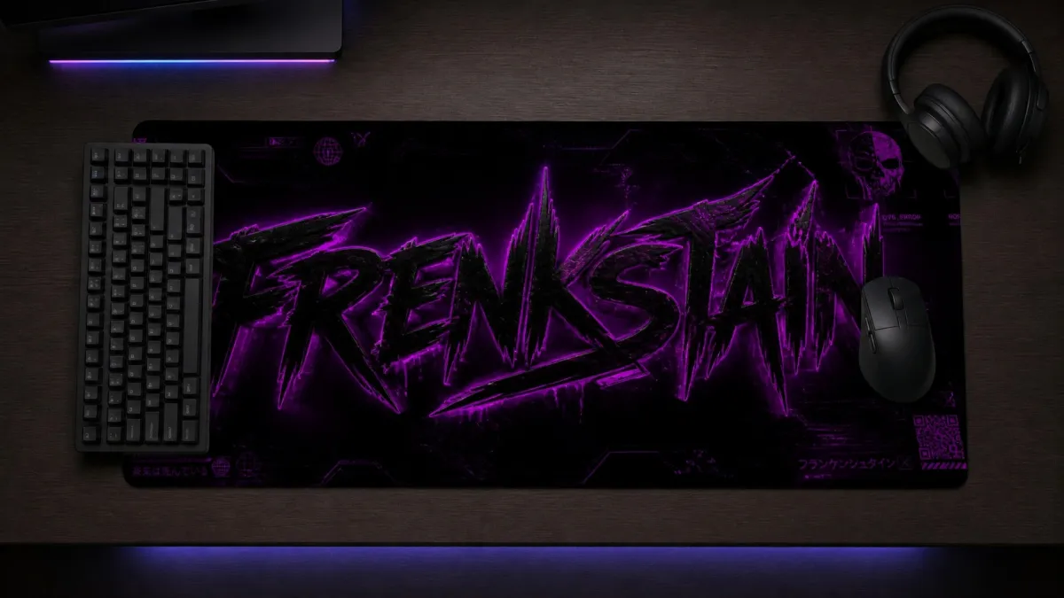 Tipografia estilizada com o nome FRENKSTAIN em linhas afiadas com iluminação roxo neon sobre fundo preto.