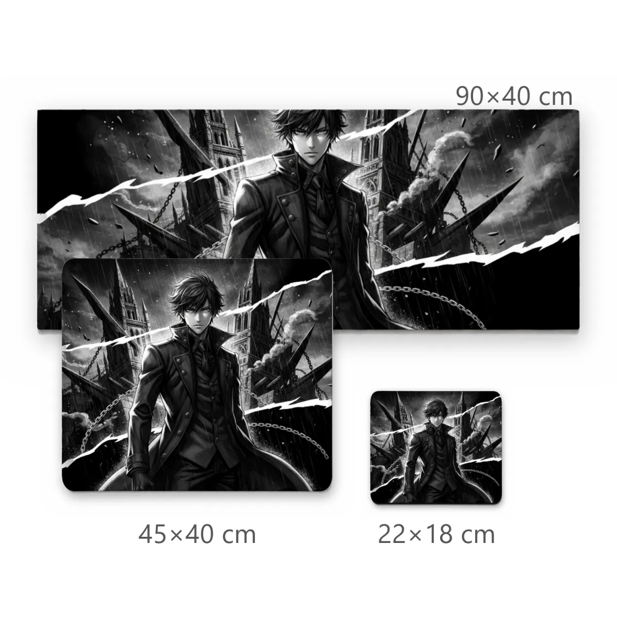 Mousepad Gamer Anime Estilo Preto e Branco com Personagem Sombrio e Castelo Gótico