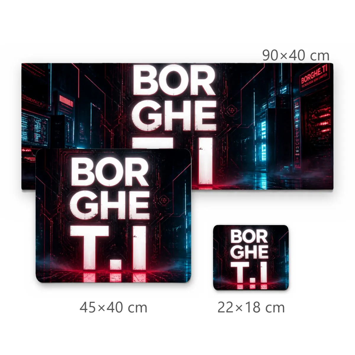 Mousepad Gamer Borghe T.I. com Tipografia Brilhante e Cenário Cyberpunk Urbano Noturno