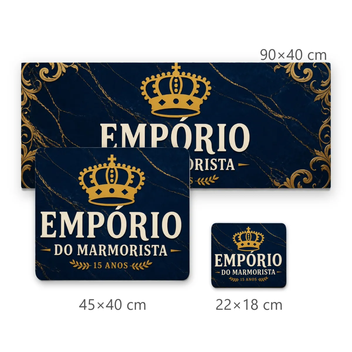 Mousepad Empório do Marmorista 15 Anos Coroa Dourada Fundo Marmorizado Azul