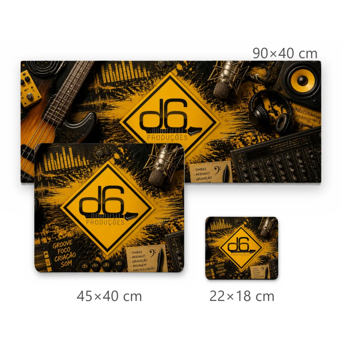 Mousepad D6 Produções com Contrabaixo e Equipamentos de Estúdio Musical