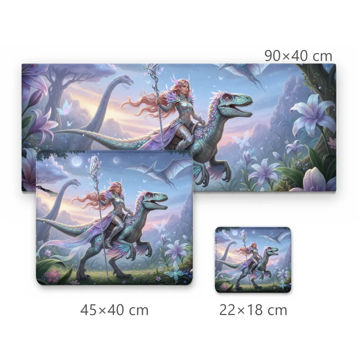 Mousepad Gamer Guerreira Montada em Dinossauro Velociraptor em Floresta Encantada