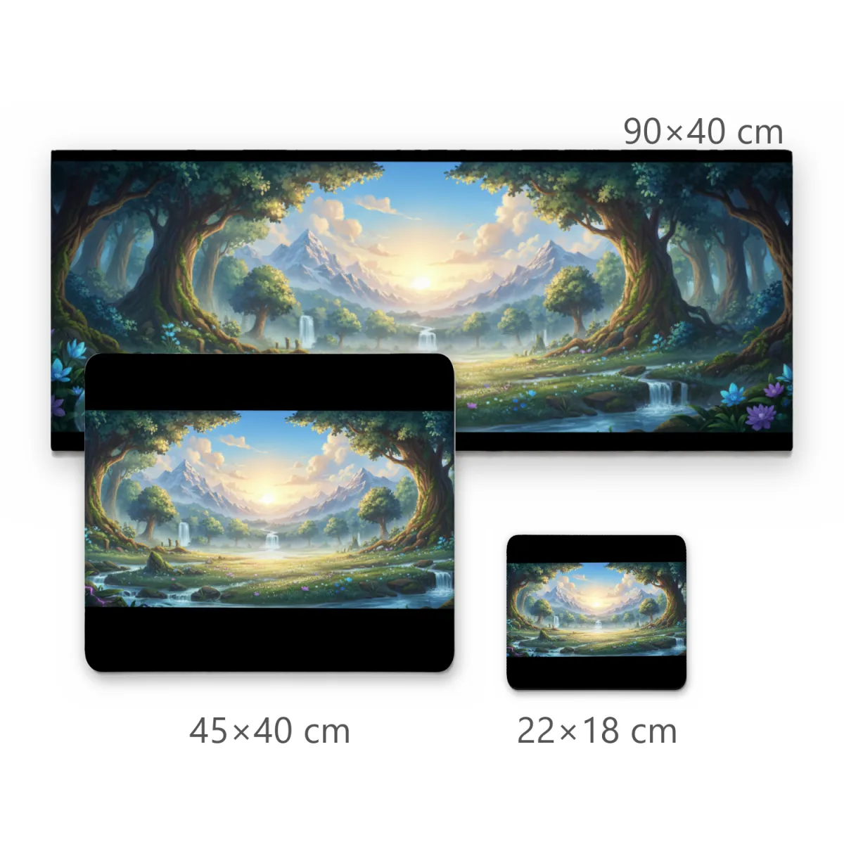 Mousepad Gamer Paisagem de Floresta Mágica com Montanhas e Luz do Alvorecer