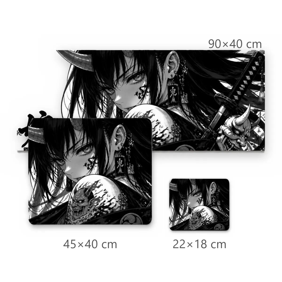 Mousepad Garota Oni em Preto e Branco com Kanquis e Katana