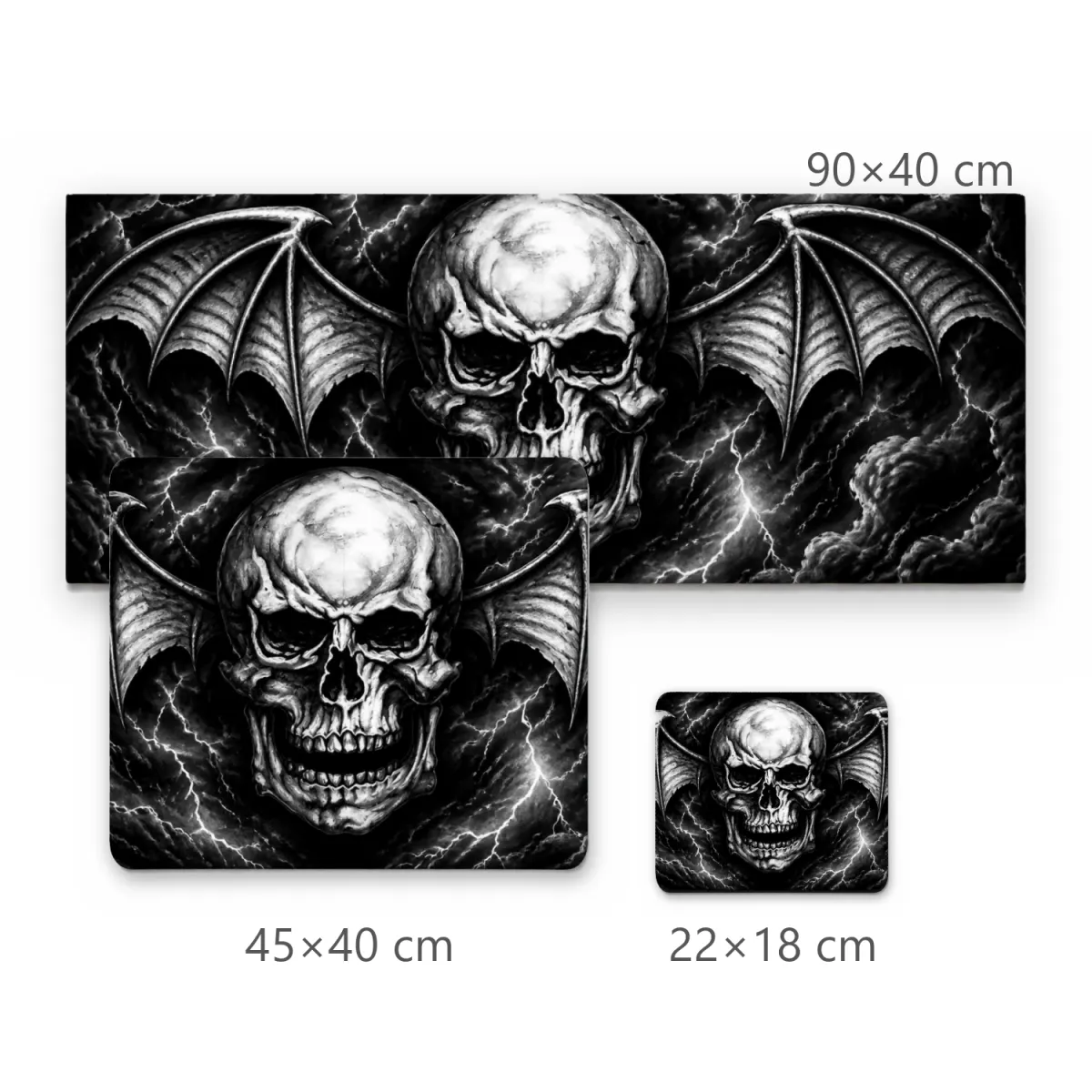 Mousepad Gamer Caveira com Asas de Morcego e Tempestade de Raios Preto e Branco