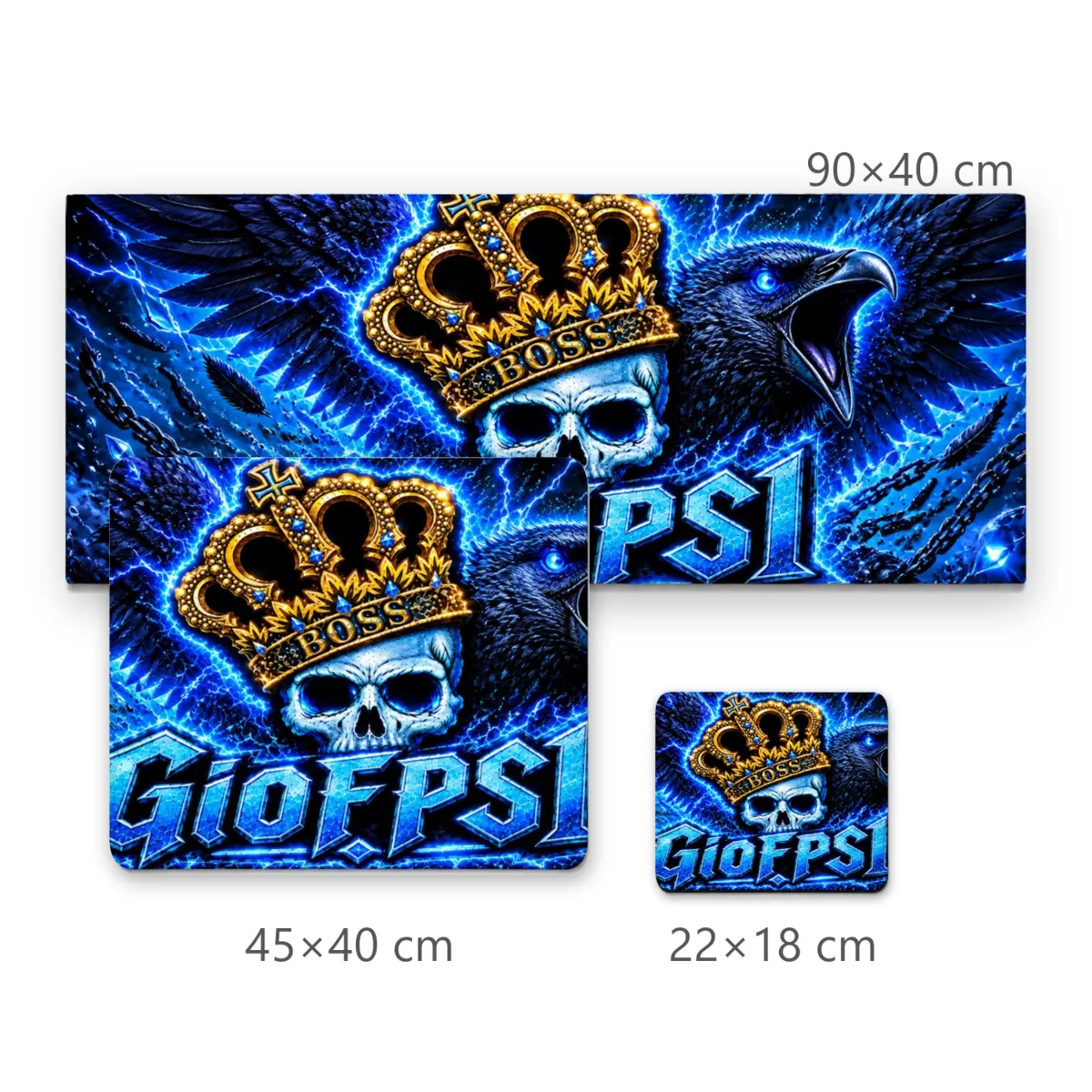 Mousepad Gamer Corvo e Caveira com Coroa Dourada e Raios Azuis GIOFPS1