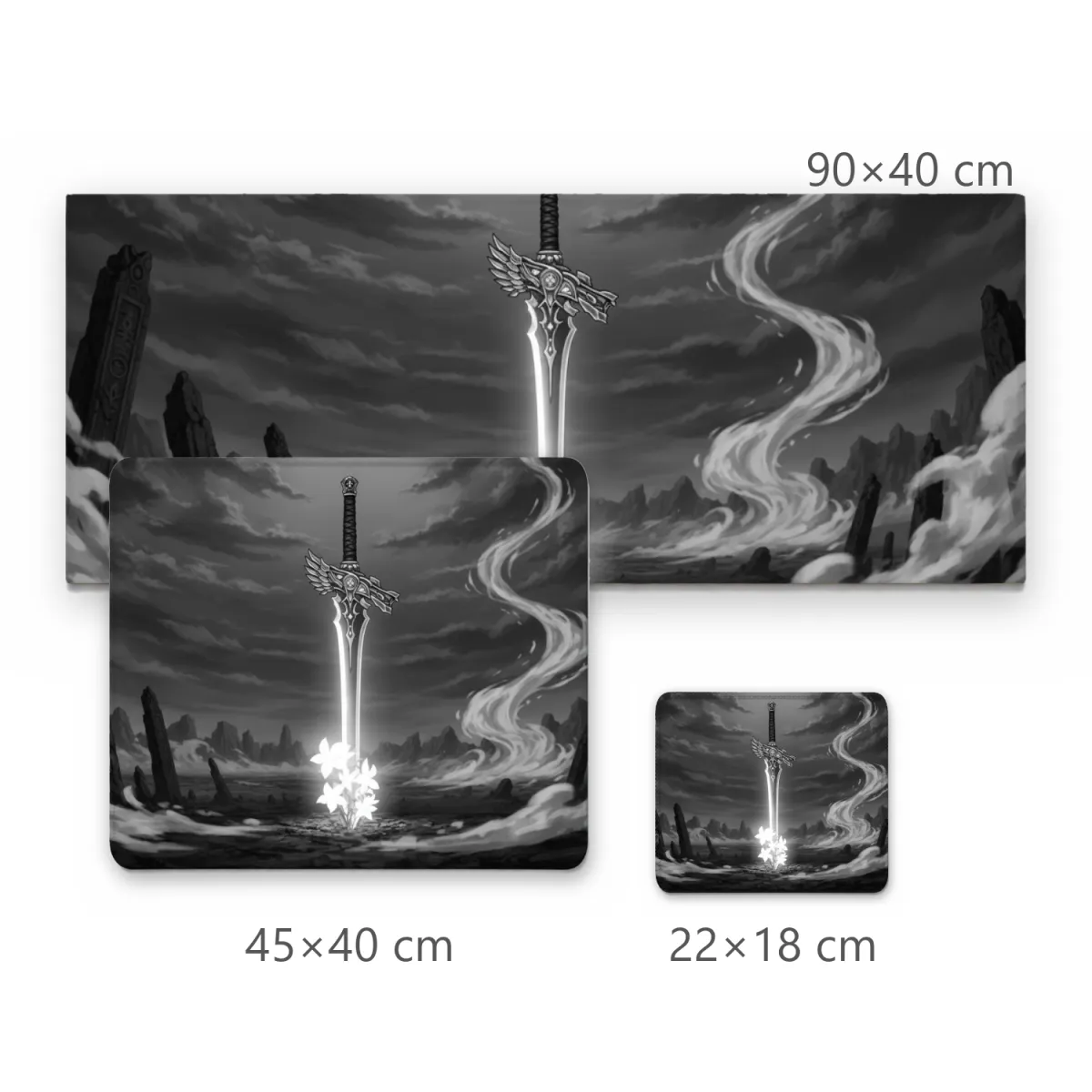 Mousepad Espada Mística Anime em Preto e Branco com Flores Iluminadas