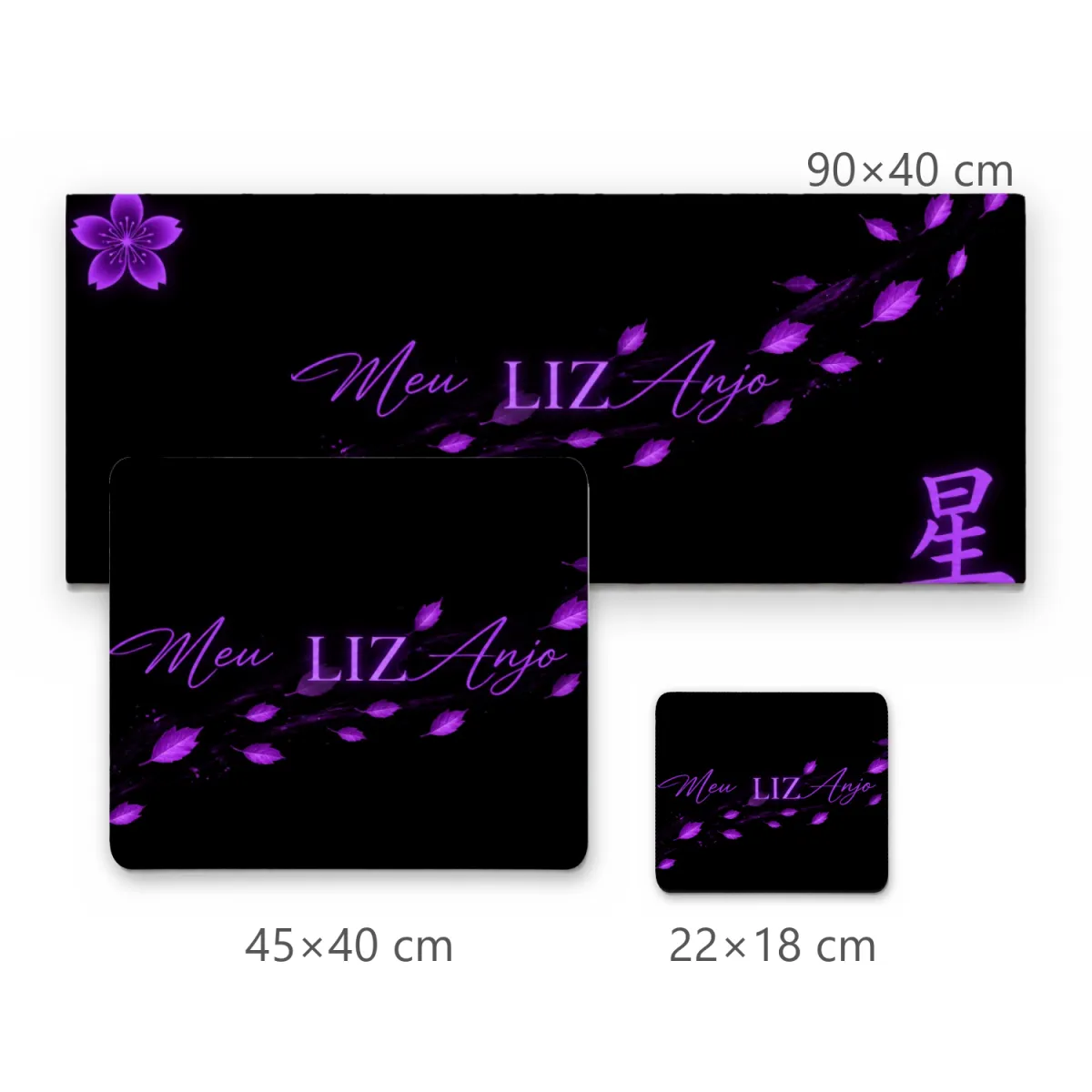 Mousepad Gamer Preto com Pétalas de Sakura Roxas e Kanji Neon