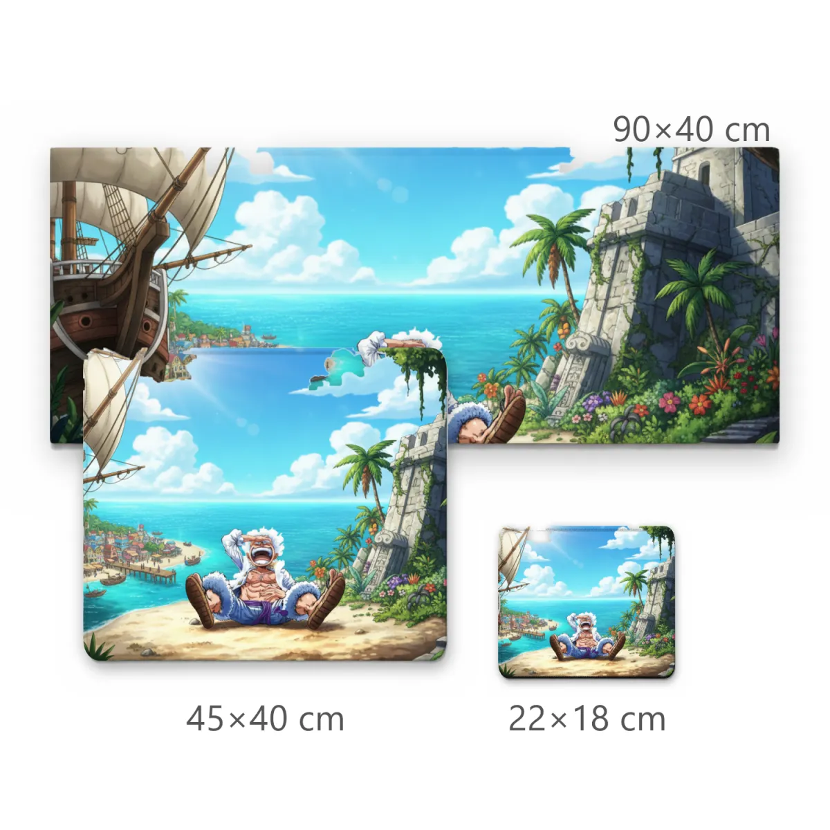 Mousepad Gamer Luffy Gear 5 Rindo na Praia com Navio Pirata e Ruínas Antigas