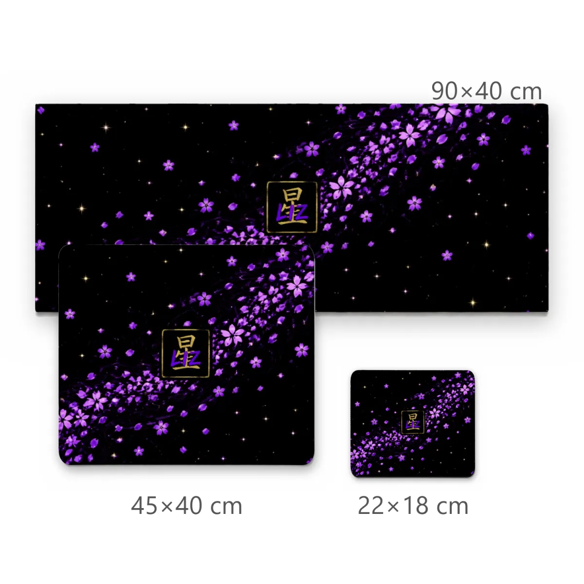 Mousepad Deskmat Flores e Pétalas Roxas com Kanji Estrela e Fundo Preto