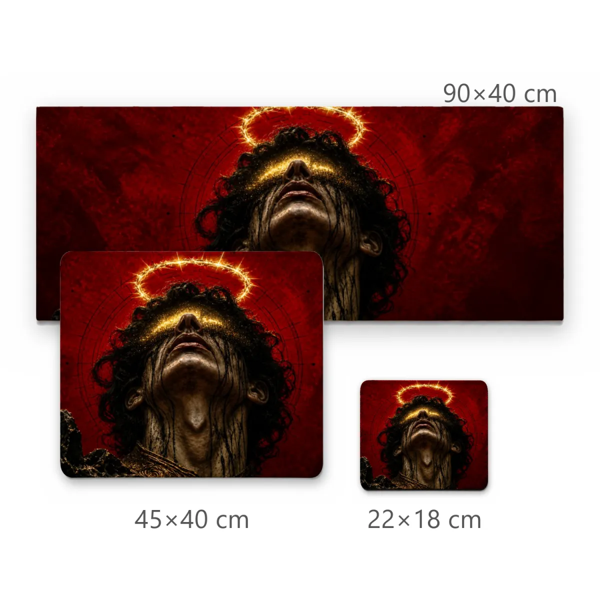Mousepad Gamer Figura Sombria com Auréola Dourada e Fundo Vermelho