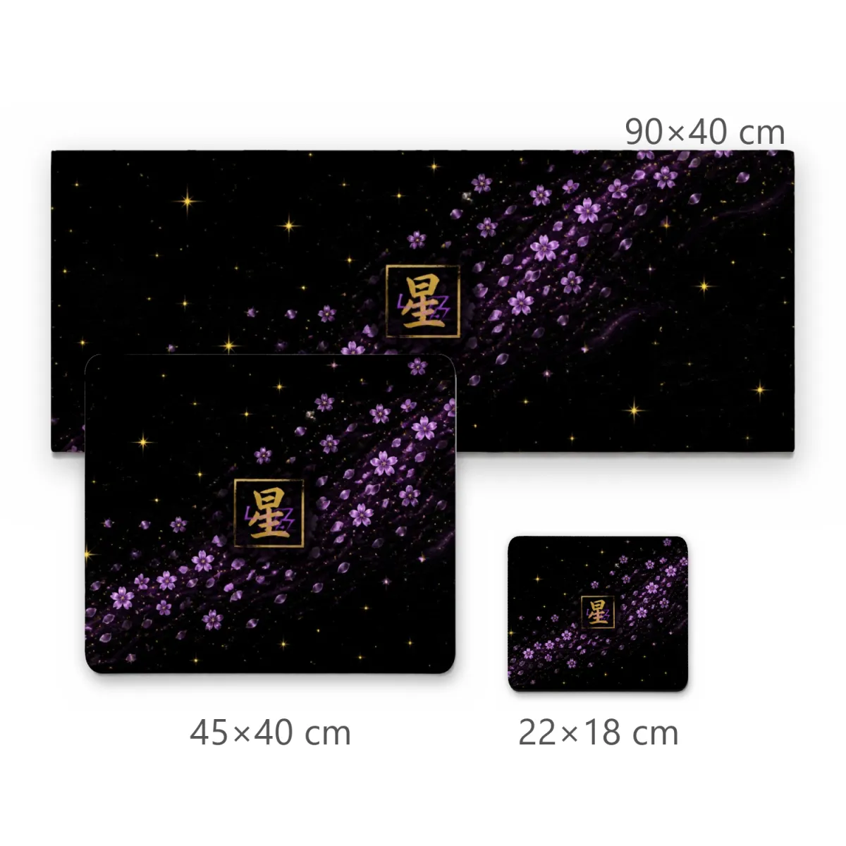 Mousepad Sakura Noturna com Flores Roxas, Kanji Dourado e Estrelas