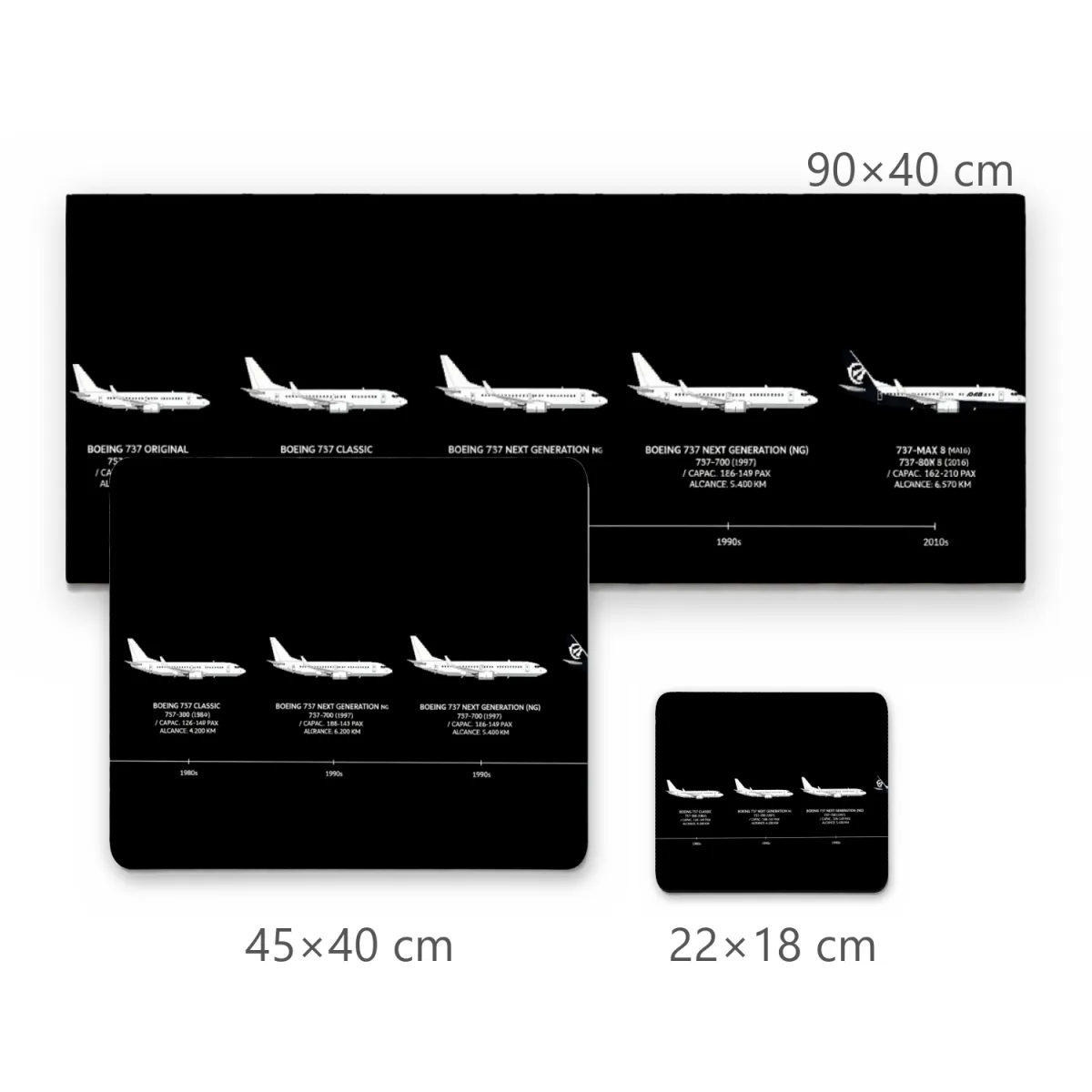 Mousepad Família Boeing 737 Linha do Tempo Fundo Preto e Silhuetas em Branco