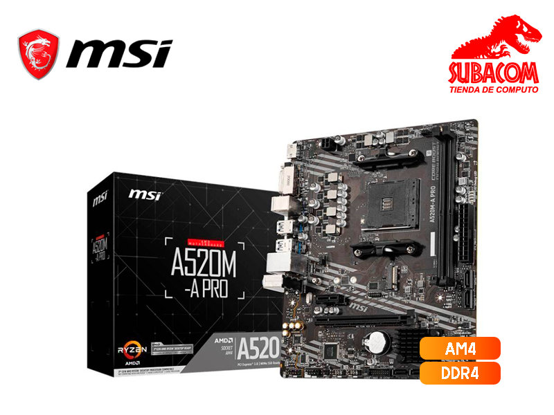 PLACA MADRE MSI A520M-A PRO, AMD AM4, 2 RANURAS DDR4, mATX