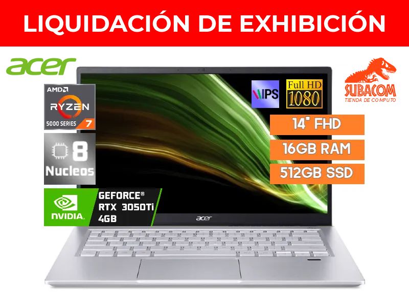 LIQUIDACION ACER SWIFT X SFX14-41G-R1S6, AMD RYZEN 7-5800U, RAM 16GB, SSD 512GB, NVIDIA GEFORCE RTX 3050TI DE 4GB, PANT. 14" FULL HD IPS, WINDOWS 11 HOME, COLOR SAFARI GOLD