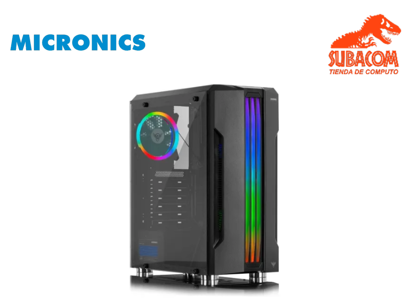 CASE GAMER MICRONICS HUNTER MIC GC800, 1FAN DOUBLE RING STRIPE RGB, VIDRIO TEMPLADO, 1USB 3.0, 1USB 2.0, COLOR NEGRO