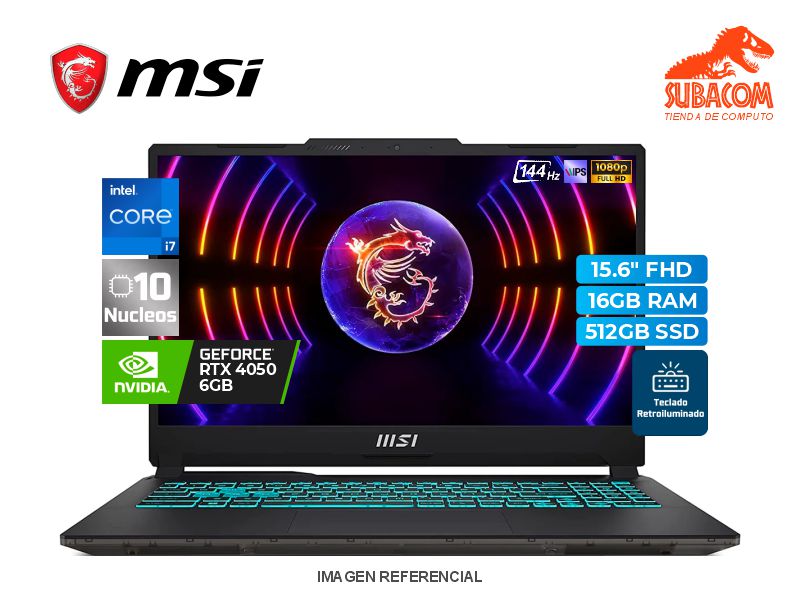 LAPTOP MSI CYBORG 15, I7-13620H, RAM 16GB DDR5, SSD 512GB, RTX 4050 6GB, PANT 15.6" FHD 144HZ IPS, 3 CELDAS, WIN 11 HOME, NEGRO