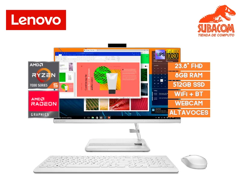 LENOVO AIO IDEACENTRE 3 24ALC6, AMD RYZEN 5-7530U, RAM 8GB, SSD 512GB, AMD RADEON GRAPHICS, PANT. 23.8" FULL HD IPS 60HZ, WINDOWS 11 HOME, COLOR BLANCO + MOUSE Y TECLADO