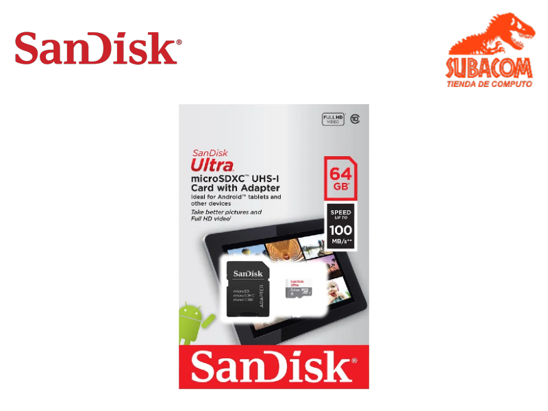 MEMORIA FLASH MICRO SD SANDISK 64GB, 100MB/S, CON ADAPTADOR