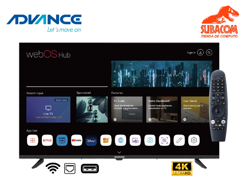 TELEVISOR SMART ADVANCE TV-WADV43UPE 43" UHD 4K 3840X2160, WIRELESS, LAN, 03 HDMI, 03 USB