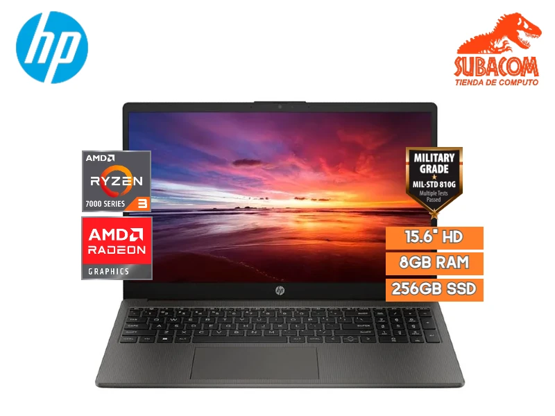 HP 255 G10, AMD RYZEN 3-7320U, RAM 8GB, SSD 256GB, AMD RADEON GRAPHICS, PANT. 15.6"  HD, 3 CELDAS, FREEDOS, COLOR GRIS OSCURO STAND-MILITAR