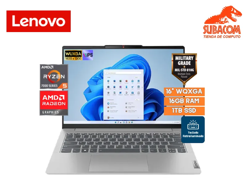 LENOVO IDEAPAD SLIM 5 14ABR8, AMD RYZEN 5-7530U, RAM 16GB, SSD 512GB, AMD RADEON GRAPHICS, PANT. 14" WUXGA, 3 CELDAS, WINDOWS 11 HOME, COLOR GRIS STAND-MILITAR