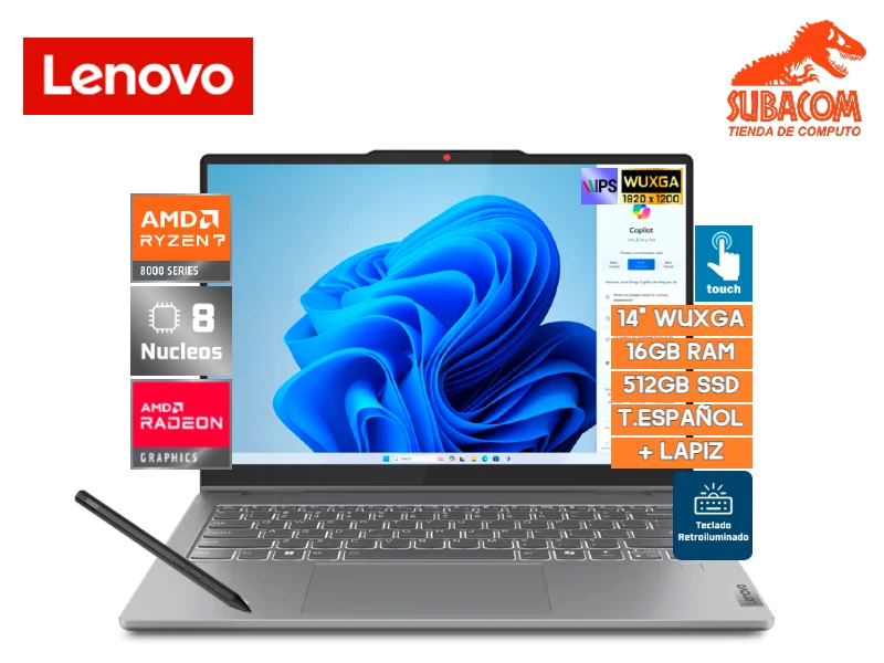 LENOVO IDEAPAD 5 2EN1 14AHP9, AMD RYZEN 7-8845HS, RAM 16GB DDR5, SSD 512GB, AMD RADEON 780M, PANT. 14" WUXGA IPS TACTIL, ESPAÑOL, 3 CELDAS, FREEDOS, COLOR LUNA GREY + LAPIZ ORIGINAL