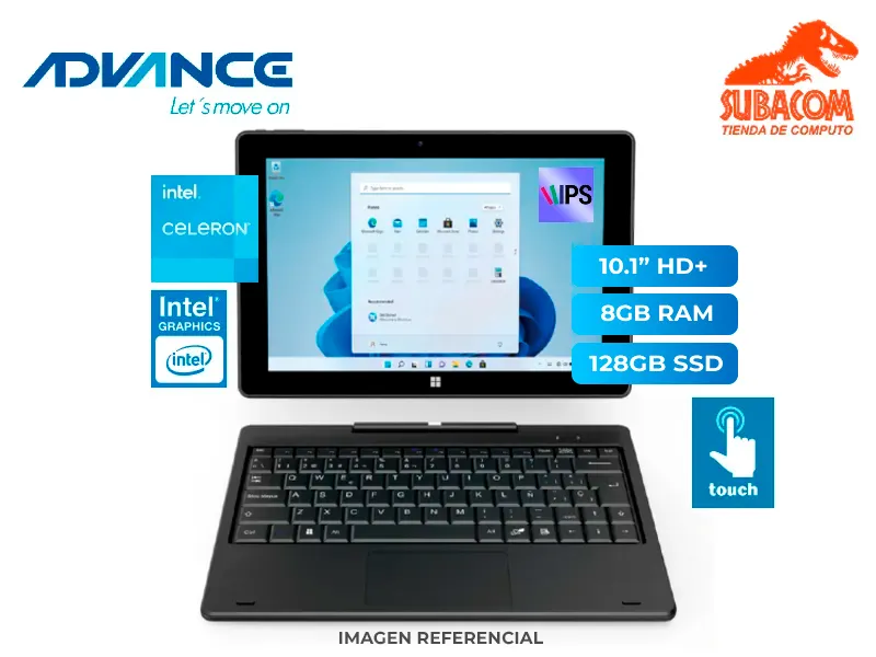 MINI LAPTOP ADVANCE CN4058 2 EN 1, INTEL CELERON N4020, RAM 8GB, 128GB eMMC, PANT. 10.1" HD+ IPS TÁCTIL DESMONTABLE, ESPAÑOL, WINDOWS 11, COLOR NEGRO
