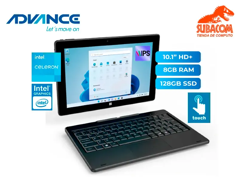 MINI LAPTOP ADVANCE CN4058 2 EN 1, INTEL CELERON N4020, RAM 8GB, 128GB eMMC, PANT. 10.1" HD+ IPS TÁCTIL DESMONTABLE, ESPAÑOL, WINDOWS 11, COLOR NEGRO 1