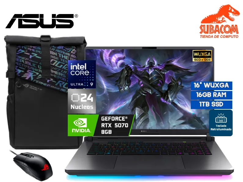 LAPTOP ASUS ROG STRIX G16, ULTRA 9 275HX, RAM 16GB DDR5, SSD 1TB, RTX 5070 8GB, PANT 16" FHD, WIN 11, ECLIPSE GRAY, MOCHILA ROG+ MOUSE ROG