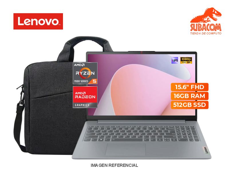 LENOVO IDEAPAD SLIM 3 , RYZEN 5 7520U, RAM 16GB DDR5, SSD 512GB, AMD , PANT. 15.6" FHD, 3 CELDAS, FREEDOS, ARTIC GREY + MALETIN