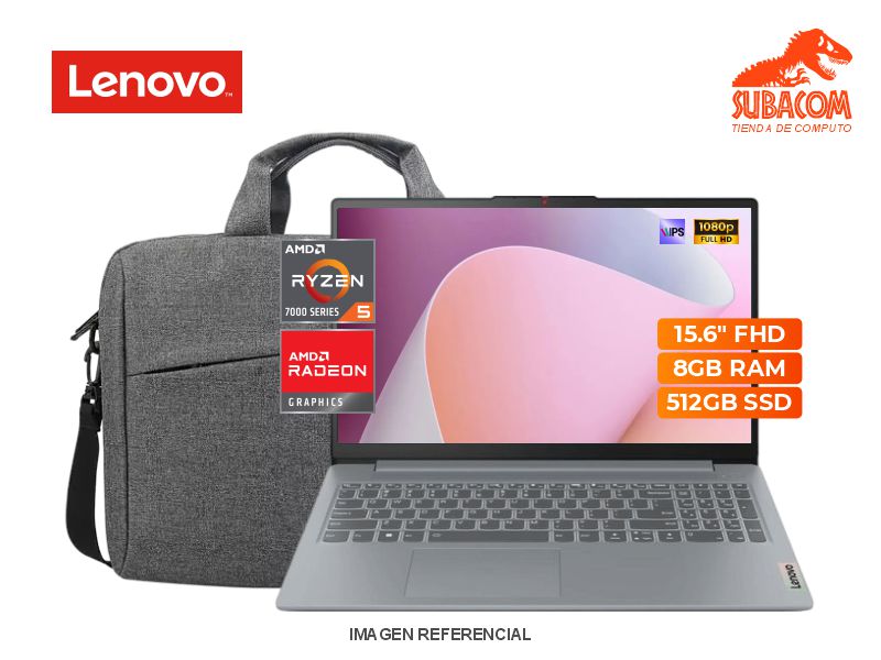 LAPTOP LENOVO IDEAPAD SLIM 3 15AMN8, RYZEN 5 7520U, RAM 8GB DDR5, SSD 512GB, PANT. 15.6" FHD, 3 CEL, ESPAÑOL, FREEDOS, ARTIC GREY + MALETIN