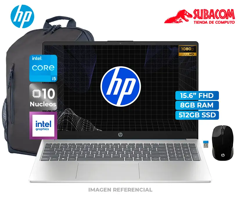 LAPTOP HP 15-FD0253la, I5-1334U, RAM 8GB DDR4, SSD 512GB, PANT. 15.6" FHD, WIN 11, AZUL + MOCHILA + MOUSE