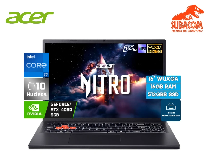 ACER NITRO LITE NL16-71G-75KS, INTEL CORE I7-13620H, RAM 16GB DDR5, SSD 512GB, NVIDIA RTX 4050 DE 6GB, PANT. 16" WUXGA IPS 165HZ, WINDOWS 11 HOME, COLOR NEGRO